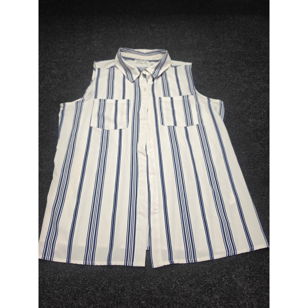 Notations Woman Sleeveless Button Down Blouse Navy Blue White Striped Plus 1X